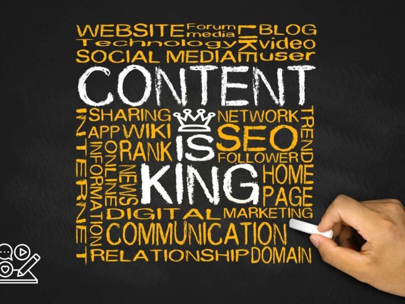 A chalkboard-style image with the phrase "Content is King" prominently displayed in white chalk in the center. Surrounding this central phrase are various related terms in different sizes and colors, including "Website," "Technology," "Social Media," "SEO," "Communication," "Digital Marketing," "Blog," "Trend," "Network," and "Relationship." A hand holding a piece of chalk is visible in the lower right corner, illustrating the writing of these words.