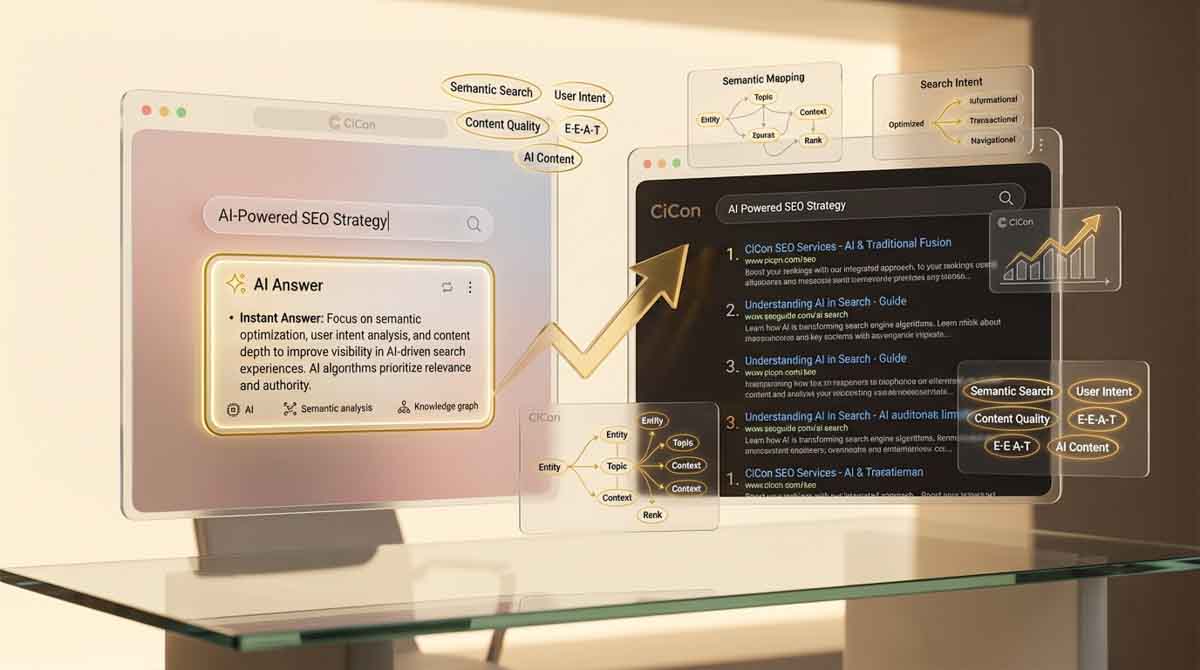 AI-powered SEO dashboard illustrating a hybrid SEO strategy combining semantic search, user intent, E-E-A-T, content quality, and traditional SEO optimization for improved rankings.