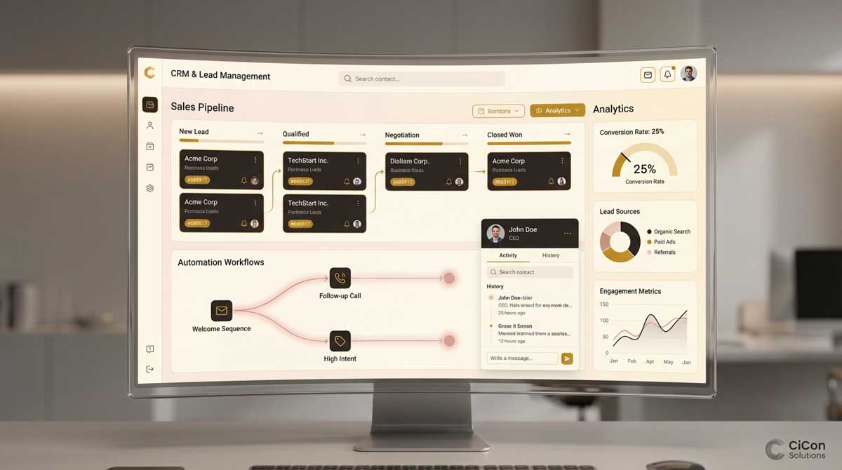 CRM dashboard showing lead management, sales pipeline stages, and automated workflows implemented by CiCon Marketing in Richmond Hill, Ontario