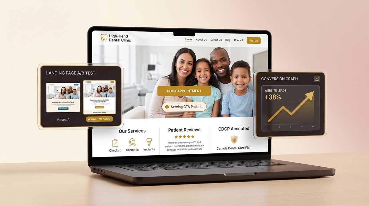 Conversion-focused dental website design showing appointment booking, patient reviews, A/B testing, and lead growth created by CiCon Marketing in Richmond Hill, Ontario