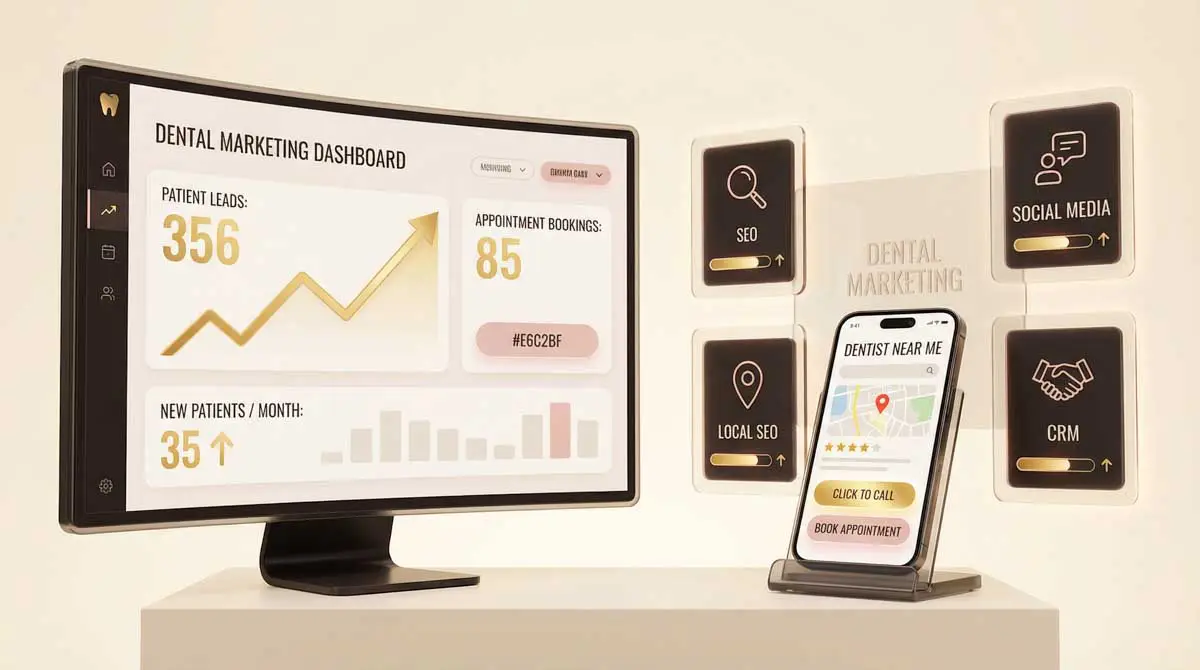 Dental marketing dashboard showing patient leads, appointment bookings, local SEO, CRM, and social media growth managed by CiCon Marketing in Richmond Hill, Ontario
