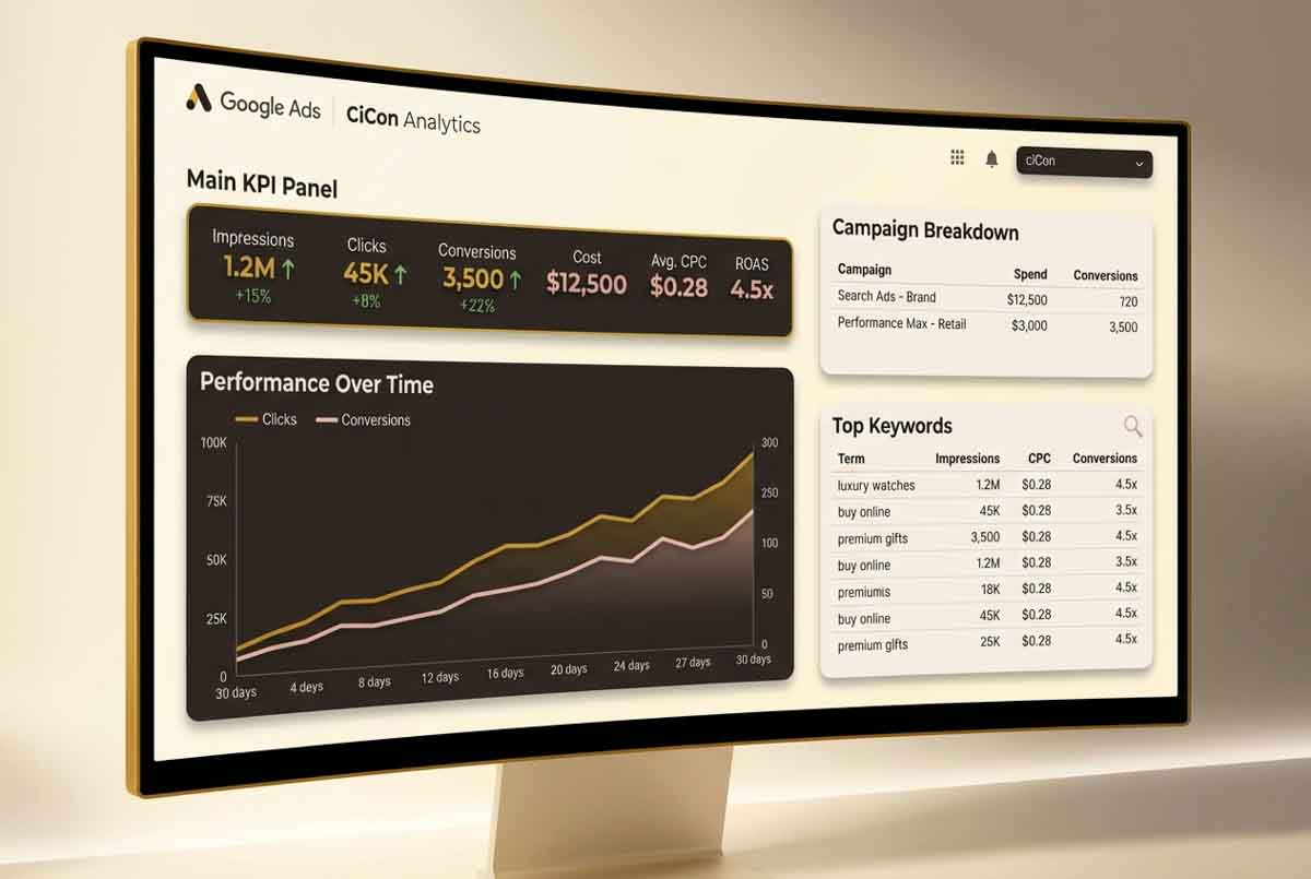 Google Ads performance dashboard showing key KPIs including impressions, clicks, conversions, cost, ROAS, and campaign growth over time.