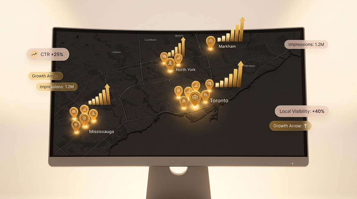 Local SEO performance map showing increased visibility, impressions, and growth across Toronto, North York, Markham, and Mississauga managed by CiCon Marketing