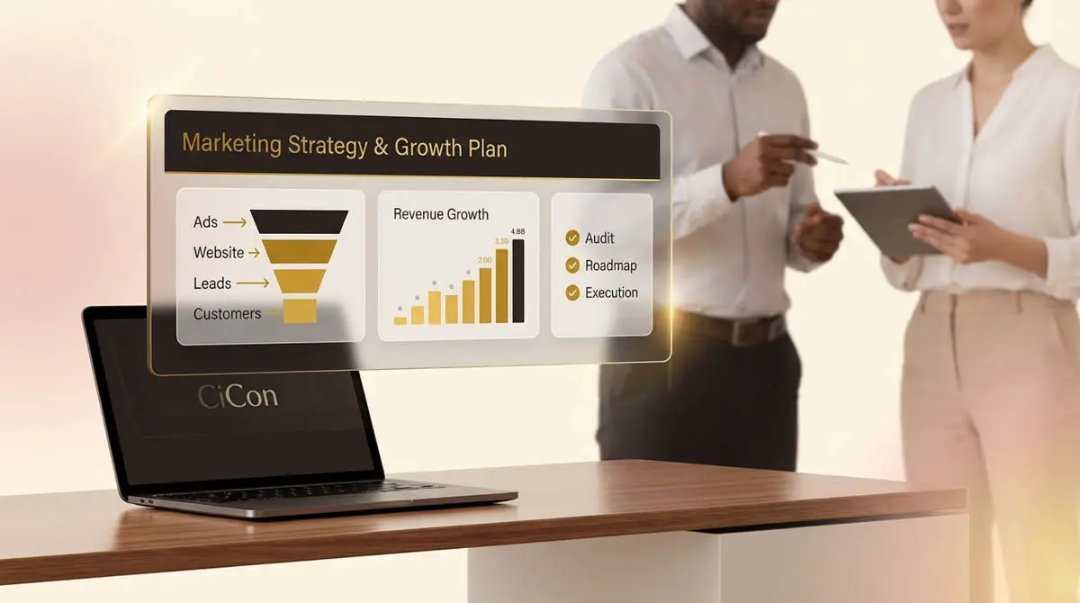 Business consultants reviewing a marketing strategy dashboard showing lead funnel, revenue growth, and execution plan for business growth.