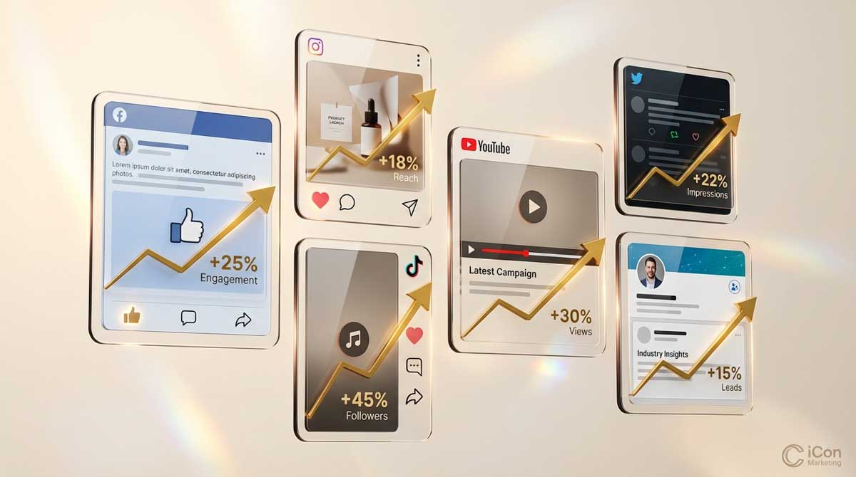 Multi-platform social media marketing results showing increased engagement, followers, impressions, views, and leads across Facebook, Instagram, YouTube, TikTok, and LinkedIn managed by CiCon Marketing