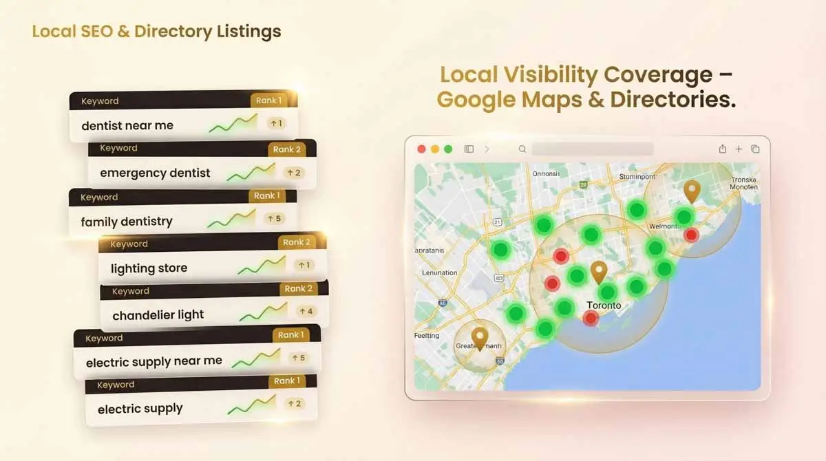 Local SEO and directory listing performance showing improved keyword rankings and Google Maps visibility across Toronto and the GTA managed by CiCon Marketing