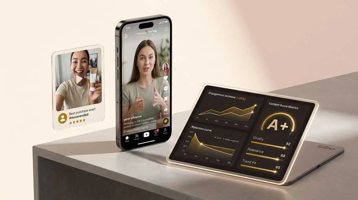 Short-form social media video content showing influencer-style clips, engagement analytics, and performance metrics produced by CiCon Marketing