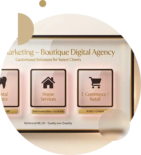 Boutique digital marketing agency showcasing specialized services for home services and e-commerce businesses with customized solutions.
