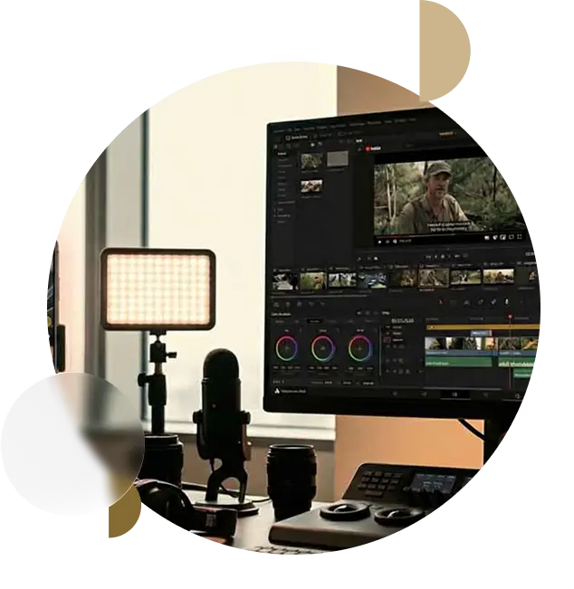 Professional video production workspace showing short-form and long-form content editing, lighting setup, audio recording, and post-production workflow by CiCon Marketing