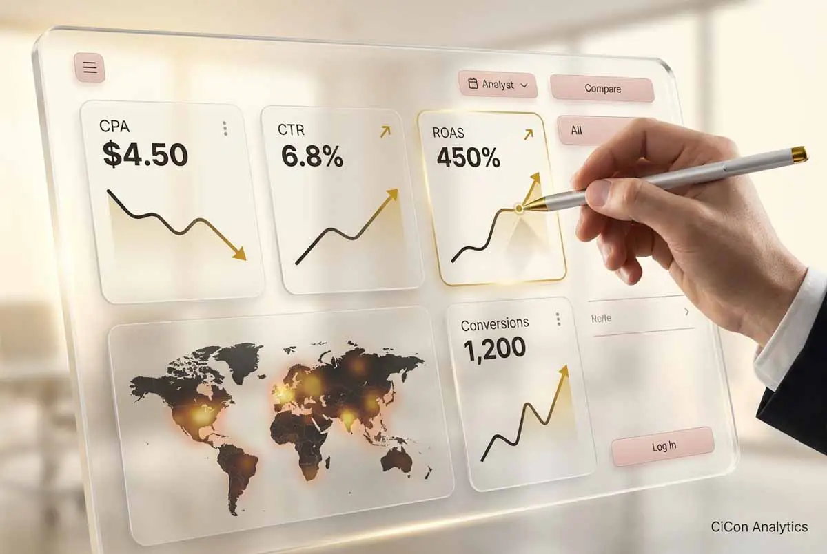 Paid advertising analytics dashboard showing CPA, CTR, ROAS growth, and conversions used to optimize digital ad campaign performance