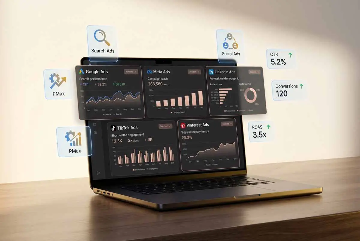 Laptop displaying Google Ads, Meta Ads, LinkedIn, TikTok, and Pinterest ad performance dashboards with CTR, conversions, and ROAS metrics for paid advertising optimization
