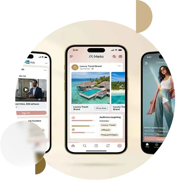 Multi-platform paid advertising dashboards showing Google Ads, Meta Ads, LinkedIn Ads, and TikTok Ads performance metrics and growth trends.