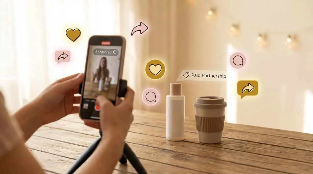 Influencer marketing content creation showing sponsored social media post recording, paid partnerships, and audience engagement managed by CiCon Marketing