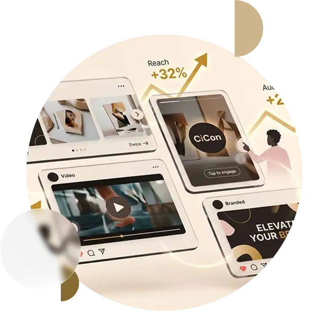 Social media content strategy visuals showing increased reach, impressions, audience growth, and engagement through branded posts and video content managed by CiCon Marketing