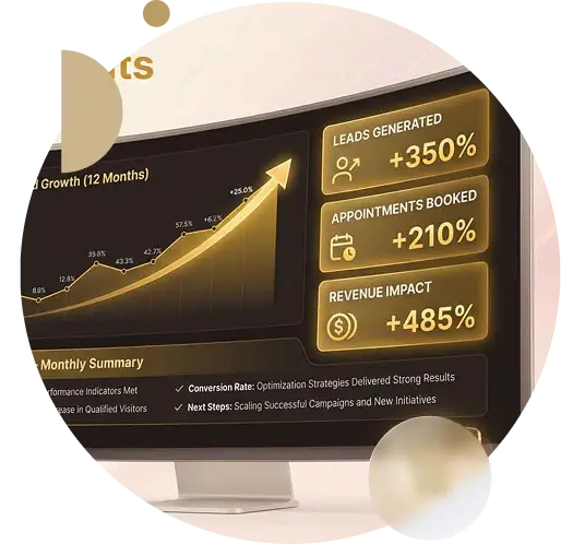 Digital marketing performance dashboard showing guaranteed results with organic and paid growth, increased leads, booked appointments, and revenue impact over 12 months.