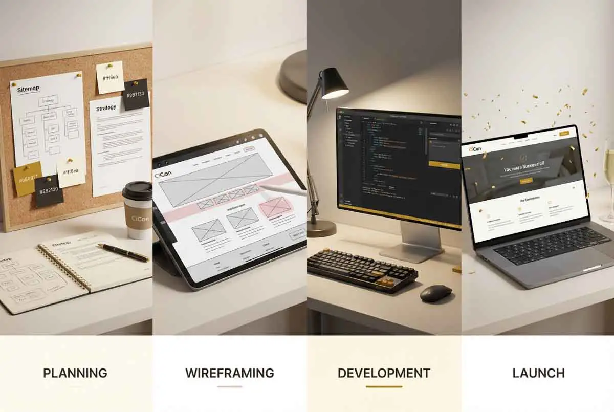 Website development workflow showing planning, wireframing, coding, and final website launch across desktop and laptop screens.