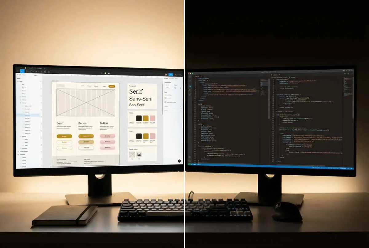 Split-screen workspace showing UI/UX website design mockups on one monitor and live website code development on another, representing the design-to-development process.