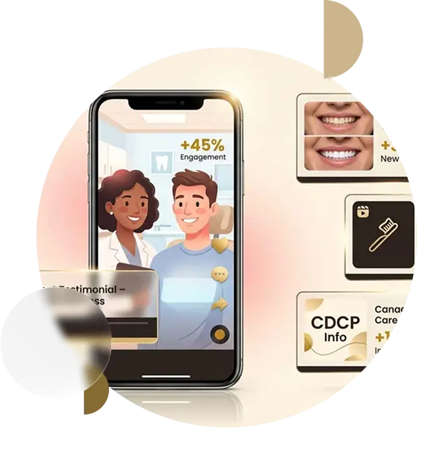 Dental social media marketing visuals showing patient testimonials, smile transformations, CDCP content, and increased engagement for dental clinics managed by CiCon Marketing in the Greater Toronto Area