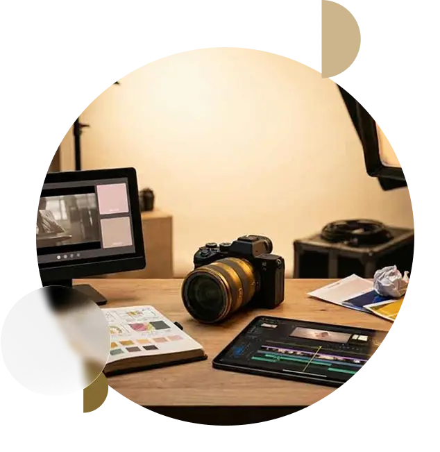 Creative content production workspace with camera, lighting, storyboard, and video editing tools for professional media production