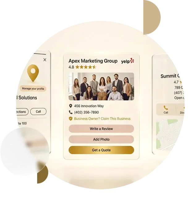 Online directory listings showing Google Business Profile and Yelp reviews, ratings, and local visibility optimization managed by CiCon Marketing