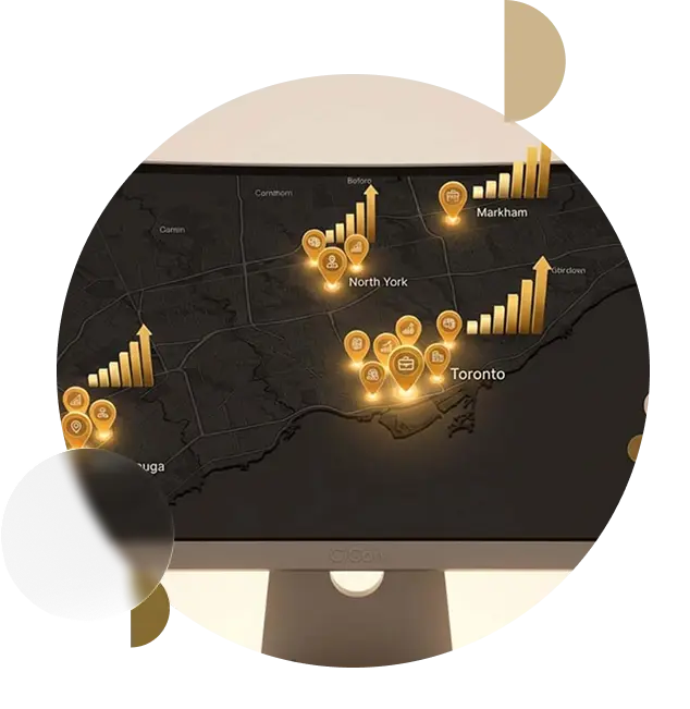 Local SEO performance map showing increased visibility, impressions, and growth across Toronto, North York, Markham, and Mississauga managed by CiCon Marketing