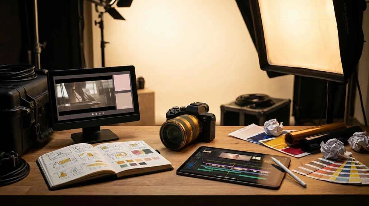 Creative content production workspace with camera, lighting, storyboard, and video editing tools for professional media production