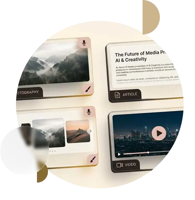 Media content production interface showcasing photography, article writing, video creation, and AI-powered creative services for digital marketing.