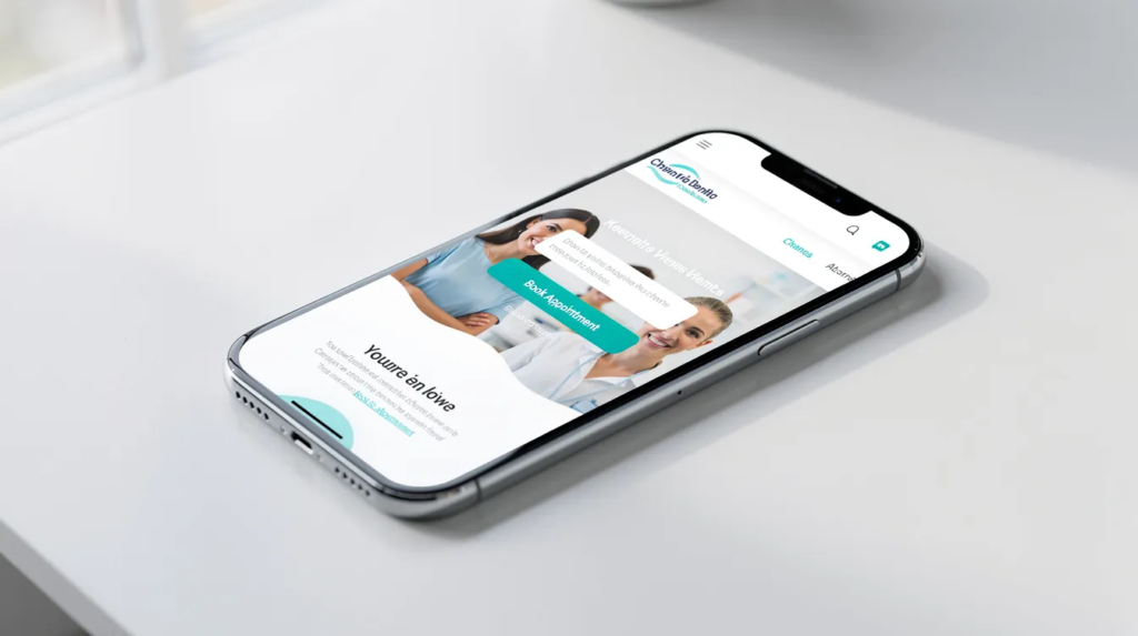 A smartphone screen showcases a modern dental clinic website featuring a prominent booking button, emphasizing user-friendly digital marketing strategies for attracting new patients. The design highlights the clinic's services, making it easy for prospective patients to schedule appointments online.