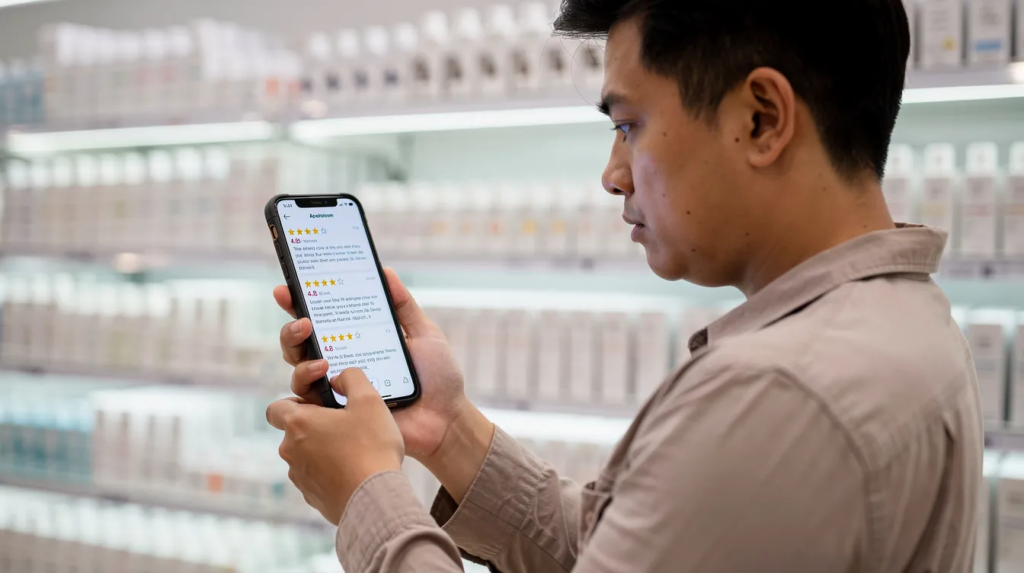 A person is intently looking at reviews on their smartphone, contemplating their choice of a dental practice. This scene highlights the importance of online reviews and digital marketing strategies in attracting new patients and enhancing the reputation of dental services.