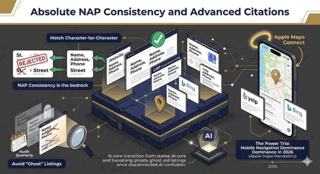 Infographic of the 2026 Local SEO visibility crisis showing AI filters and knowledge graphs squeezing small business search results.