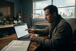 A GTA trade business owner analyzing a Google Ads performance dashboard on a laptop in a workshop to prepare for the spring busy season.