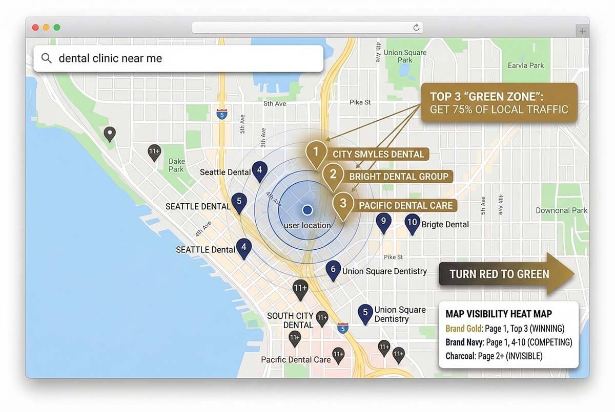 Google Maps visibility heat map for a dental clinic search showing ranking positions from top 3 to invisible.