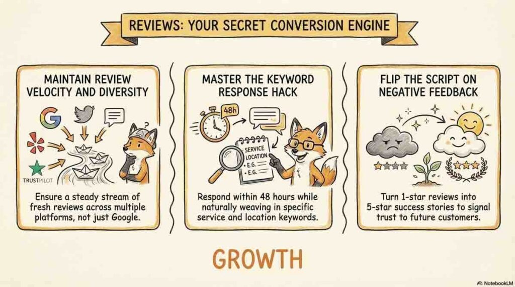 Local SEO review strategy guide showing methods for maintaining review velocity, the 48-hour keyword response hack, and turning negative feedback into conversion signals.