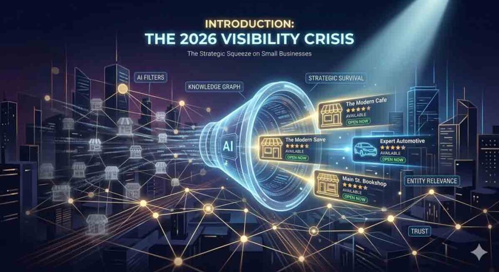 Infographic illustrating the 2026 Local SEO visibility crisis , showing a hyper-sophisticated AI-driven ecosystem filtering a knowledge graph of businesses based on entity relevance and trust.