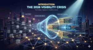Concept illustration of the 2026 local SEO visibility crisis showing an AI-powered funnel filtering business entities based on trust, entity relevance, and knowledge graph data to create a 'strategic squeeze' on search results.