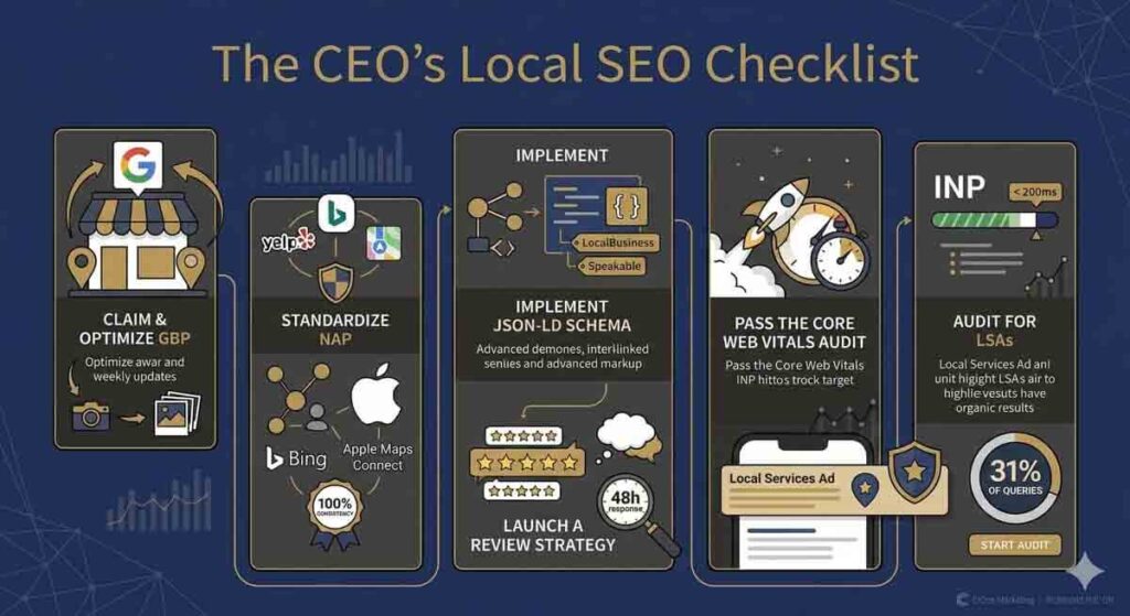 Infographic of the 2026 Local SEO visibility crisis showing an AI funnel filtering business entities based on trust, relevance, and knowledge graph data