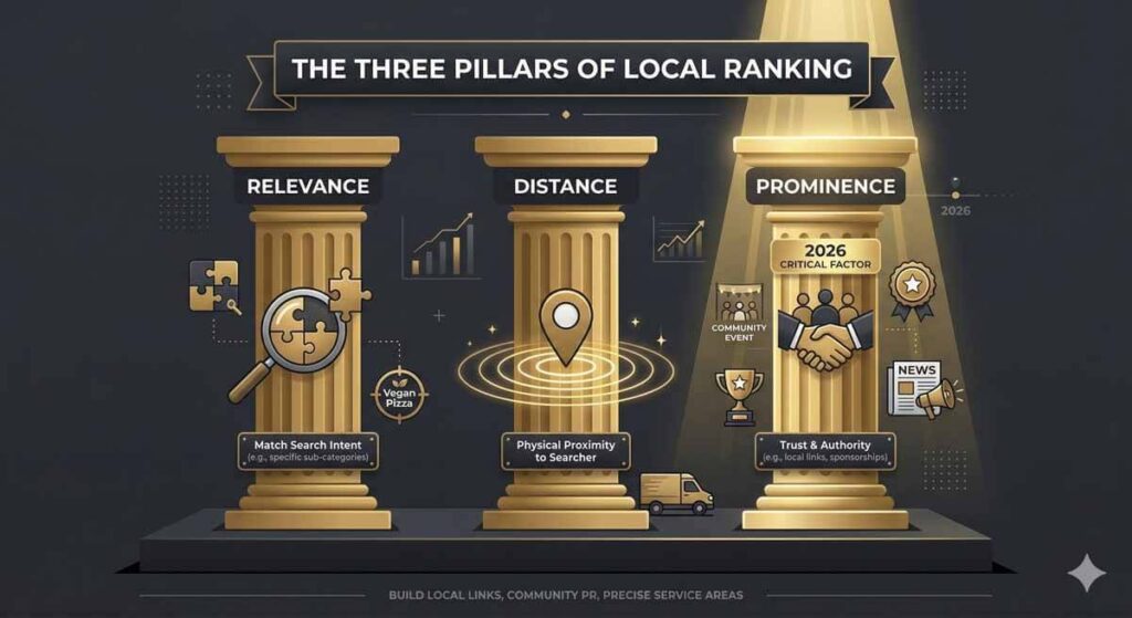 Infographic illustrating the 2026 Local SEO visibility crisis, showing an AI-driven knowledge graph filtering businesses based on entity relevance and trust.