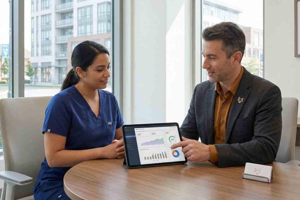 High-resolution photo-realistic image capturing an engaged professional consultation between a female dentist in navy blue scrubs and a male CiCon Marketing strategist wearing a charcoal blazer with gold accents.