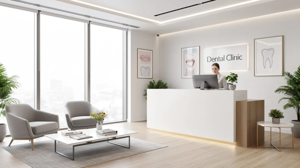 The image depicts a modern dental clinic reception area featuring a clean and inviting design, designed to create a welcoming atmosphere for new and existing patients. The space includes comfortable seating and stylish decor, reflecting the high-quality dental services and effective marketing strategies employed by the dental practice to attract and retain satisfied patients.