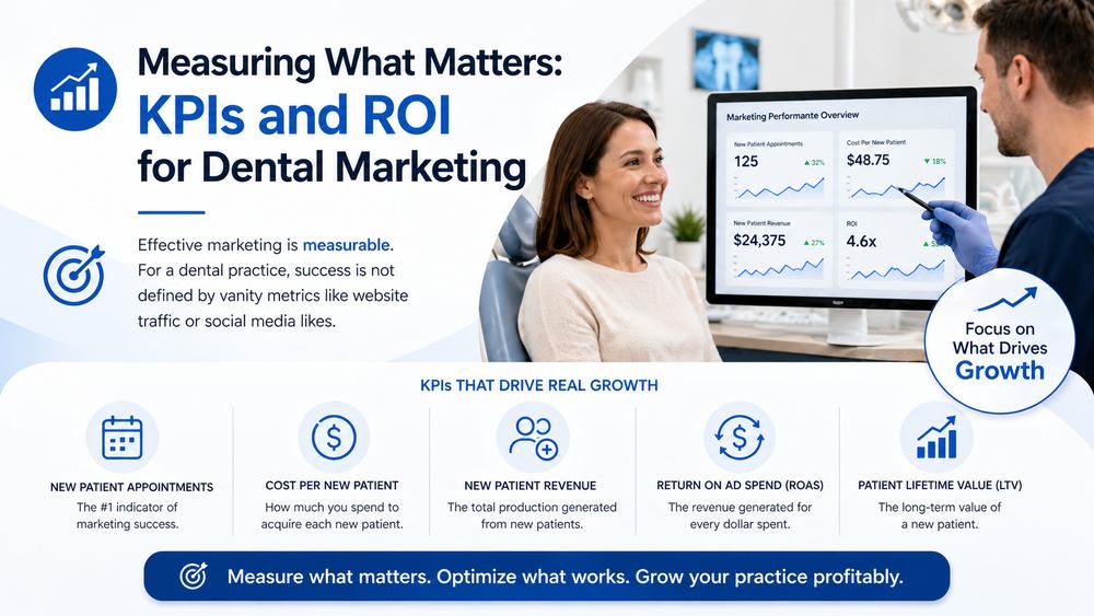 Dental marketing KPI and ROI infographic showing a patient consultation, performance dashboard, new patient appointments, cost per patient, revenue, ROAS, and patient lifetime value.
