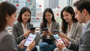 Canadian business owners using social media marketing tools on devices.