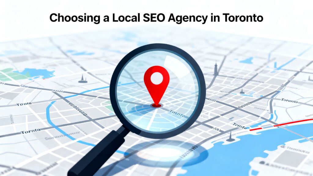 A magnifying glass hovering over a map of Toronto, focusing on a business location pin, symbolizing the process of choosing a local SEO agency.