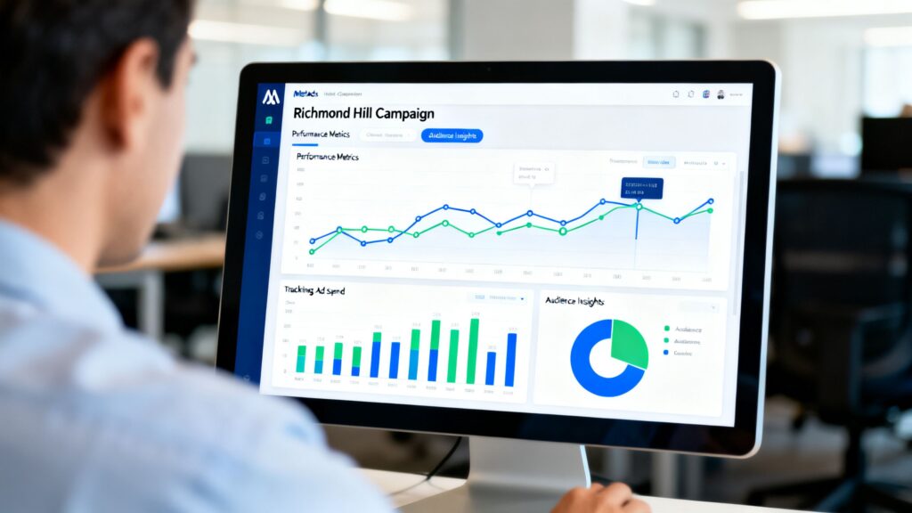 A close-up of a digital marketing strategist's screen showing a complex Meta Ads campaign dashboard with performance graphs for a Richmond Hill business.